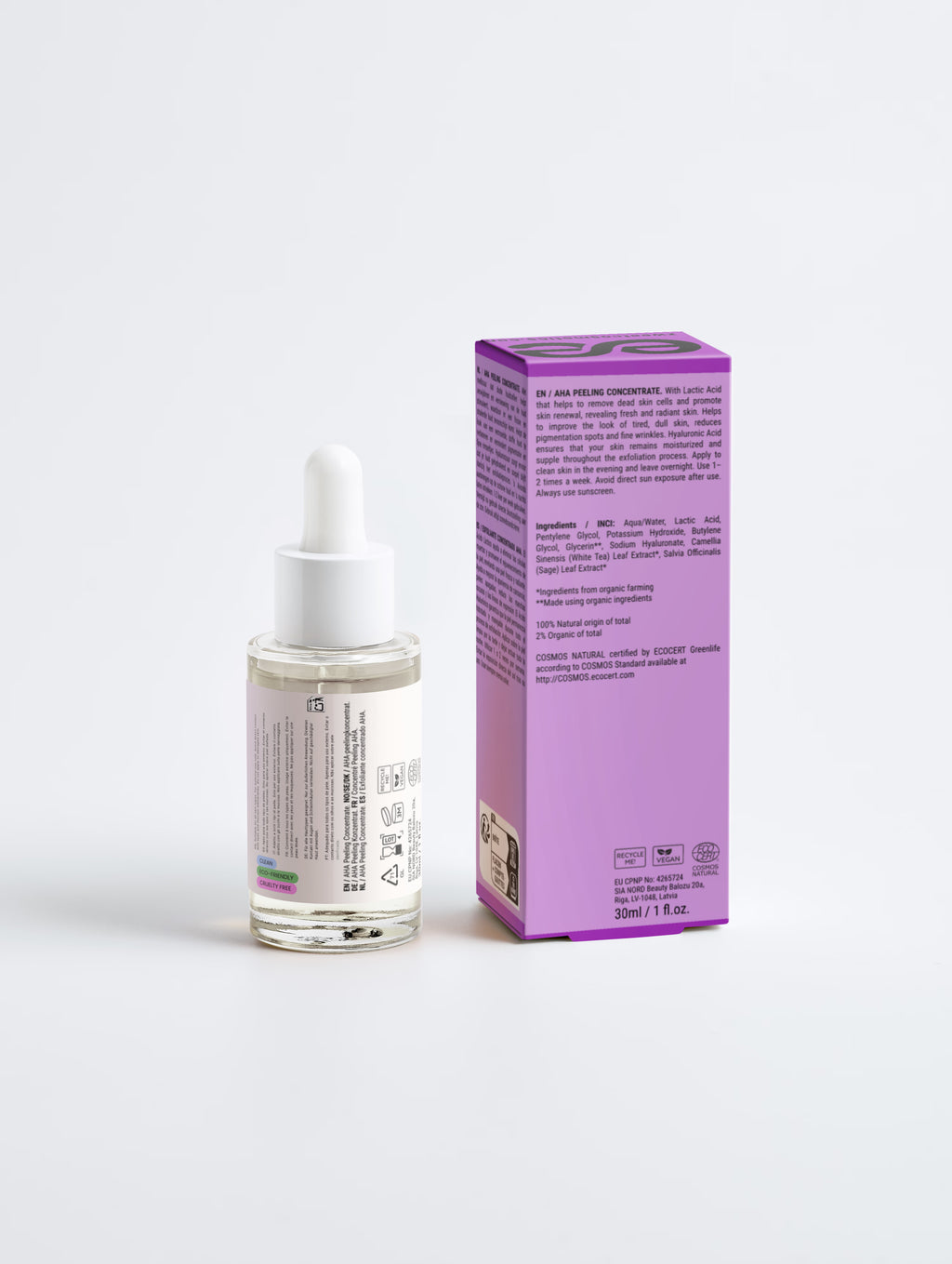 AHA Peeling de Zweet Cosmetics junto a su packaging violeta, exfoliante facial AHA de cosmética natural para el cuidado de la piel