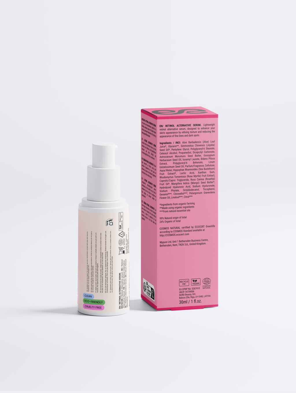 Retinol Alternative Serum de Zweet Cosmetics junto a su caja rosa, sérum facial de cosmética natural para el cuidado de la piel