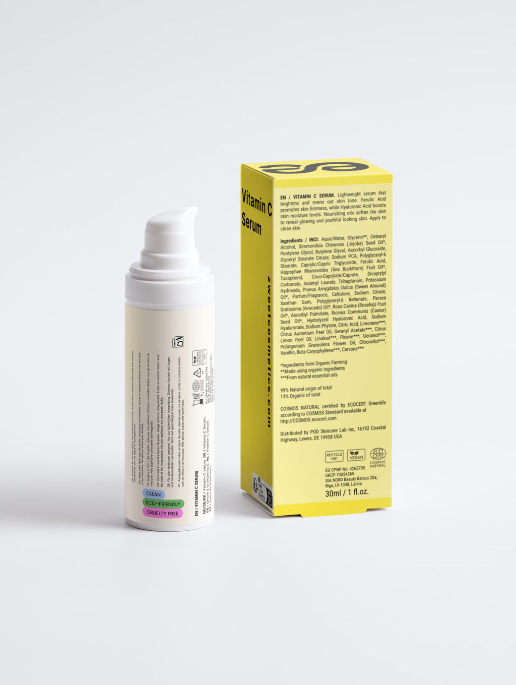 Vitamin C Serum de Zweet Cosmetics junto a su packaging amarillo, sérum de vitamina C para una piel luminosa y cuidada