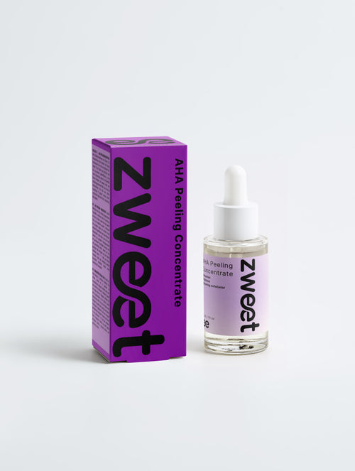 AHA Peeling de Zweet Cosmetics con su caja violeta, tratamiento exfoliante facial AHA para el cuidado y renovación de la piel