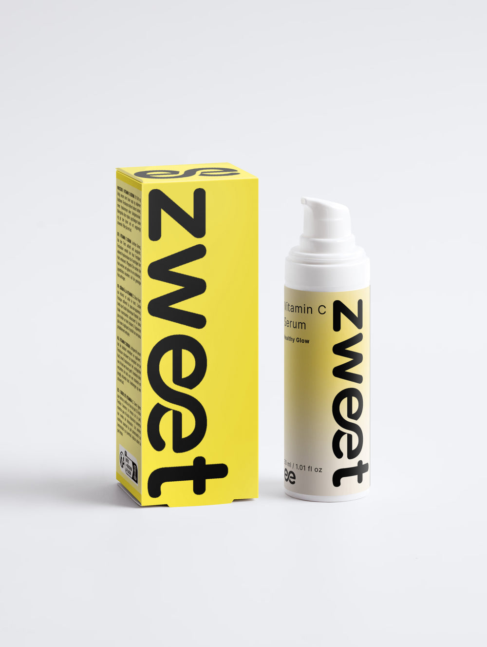 Vitamin C Serum de Zweet Cosmetics con su caja amarilla, sérum facial de vitamina C para luminosidad y cuidado antioxidante