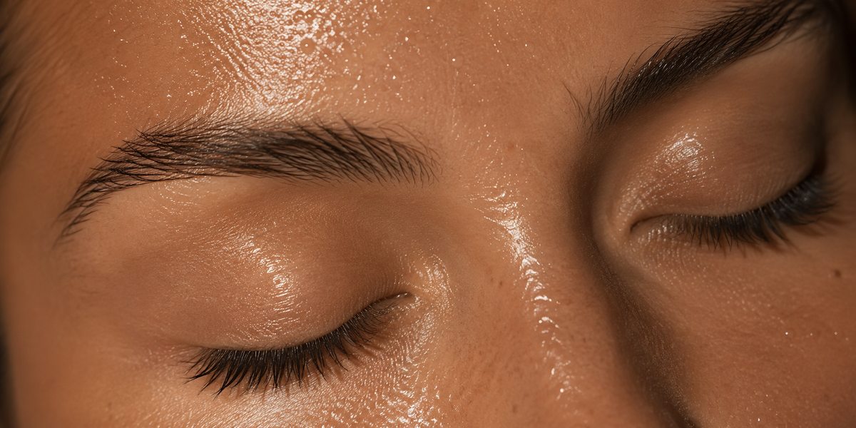 Primer plano de ojos cerrados y piel luminosa en imagen beauty de Zweet Cosmetics
