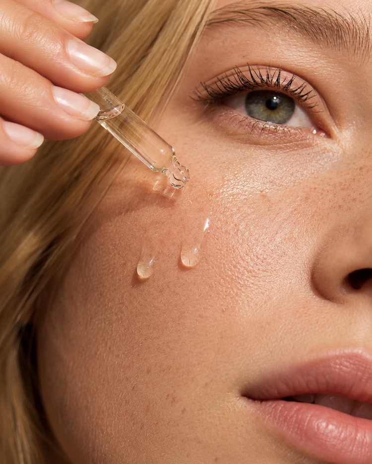 Gotas de sérum sobre el rostro en imagen beauty de Zweet Cosmetics para cuidado facial e hidratación
