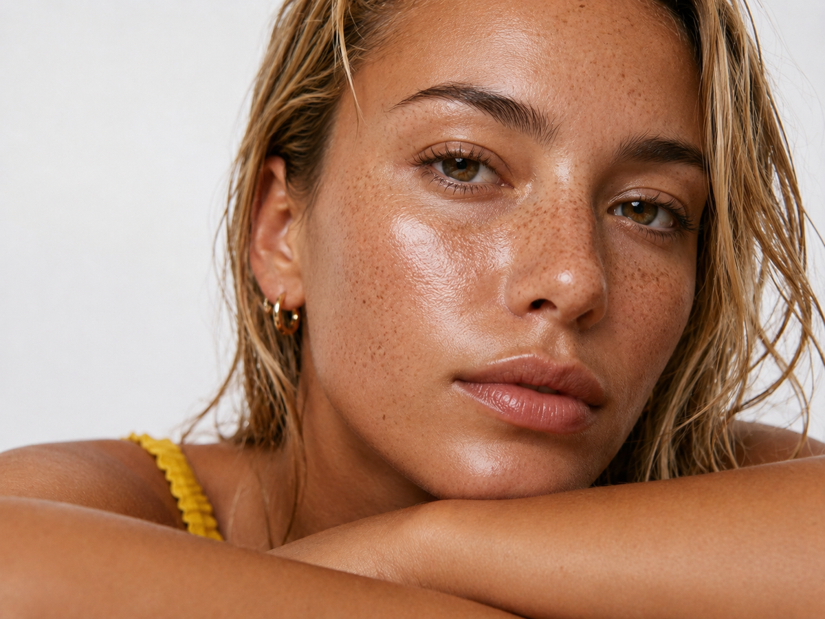 Primer plano de modelo Zweet Cosmetics con piel glow en imagen editorial de belleza natural
