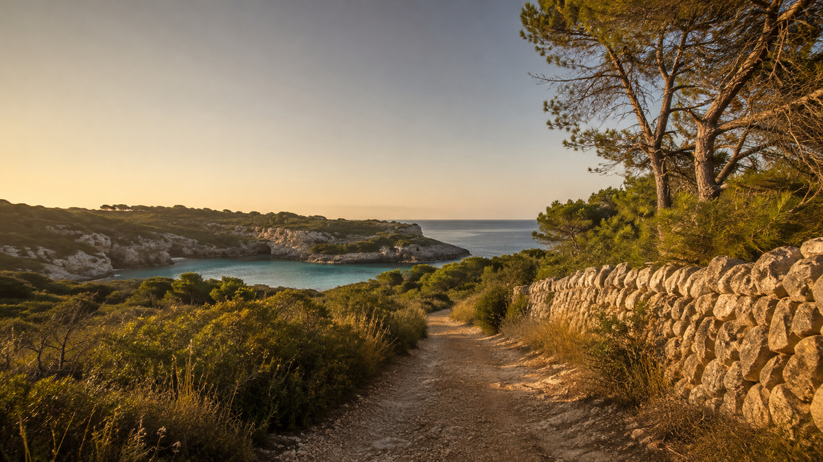 Sendero natural de Menorca al atardecer en paisaje Zweet Cosmetics para fondo de marca y estética orgánica
