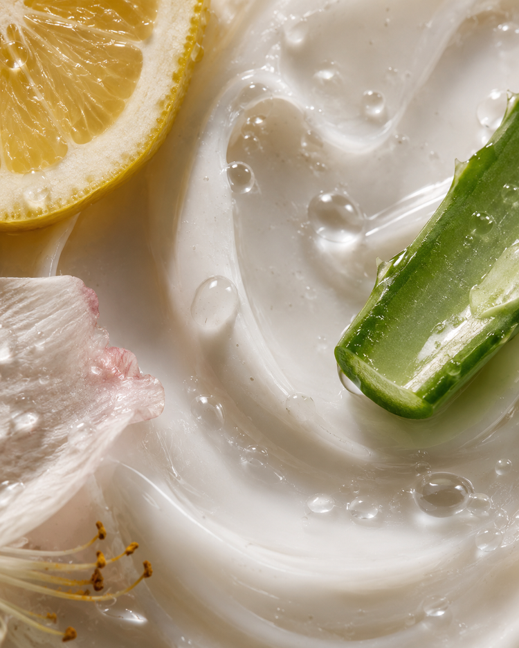 Textura cosmética de Zweet Cosmetics con crema, limón y frasco verde para skincare natural y frescura
