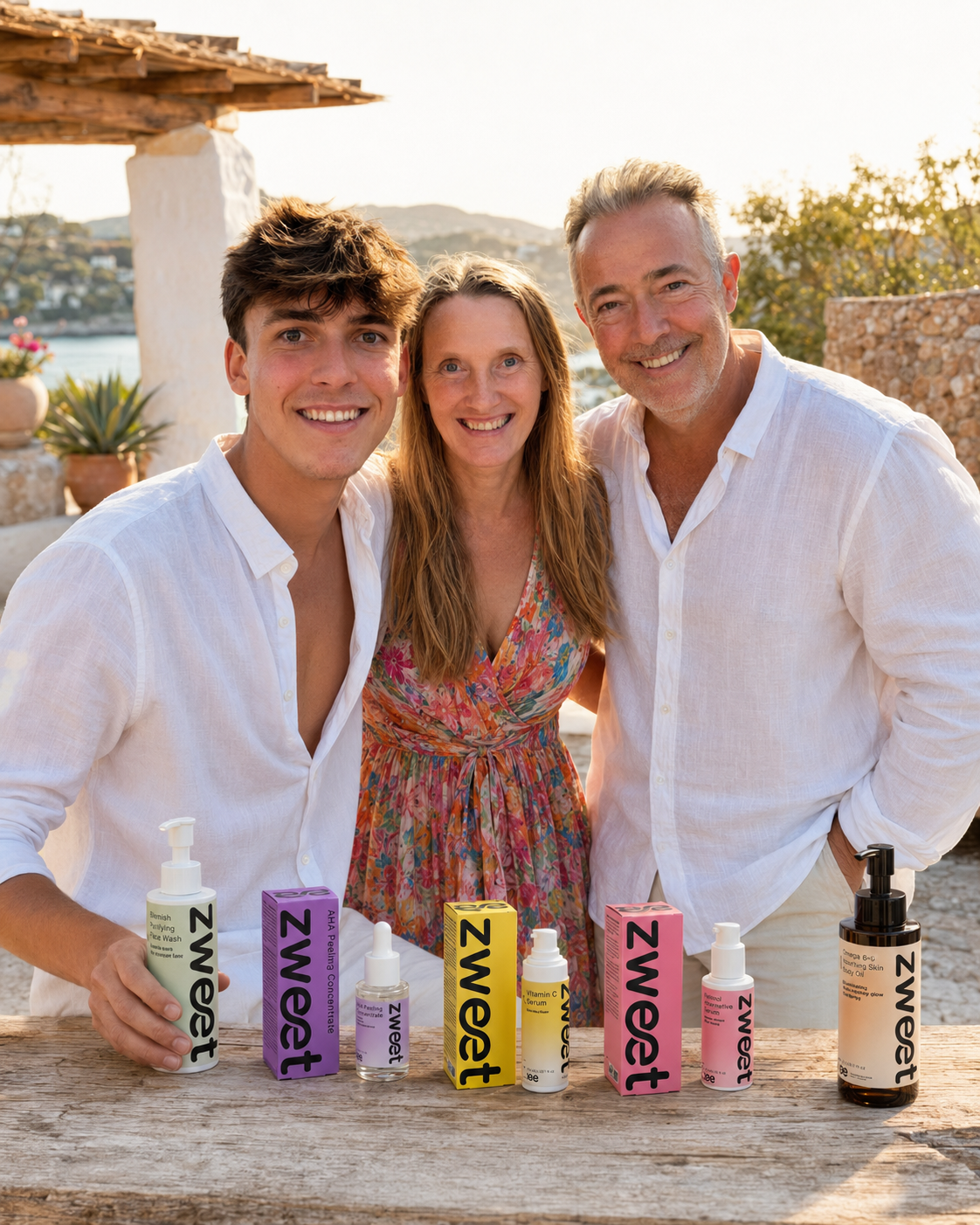 Família con productos Zweet Cosmetics en imagen lifestyle de familia, comunidad y cosmética natural

