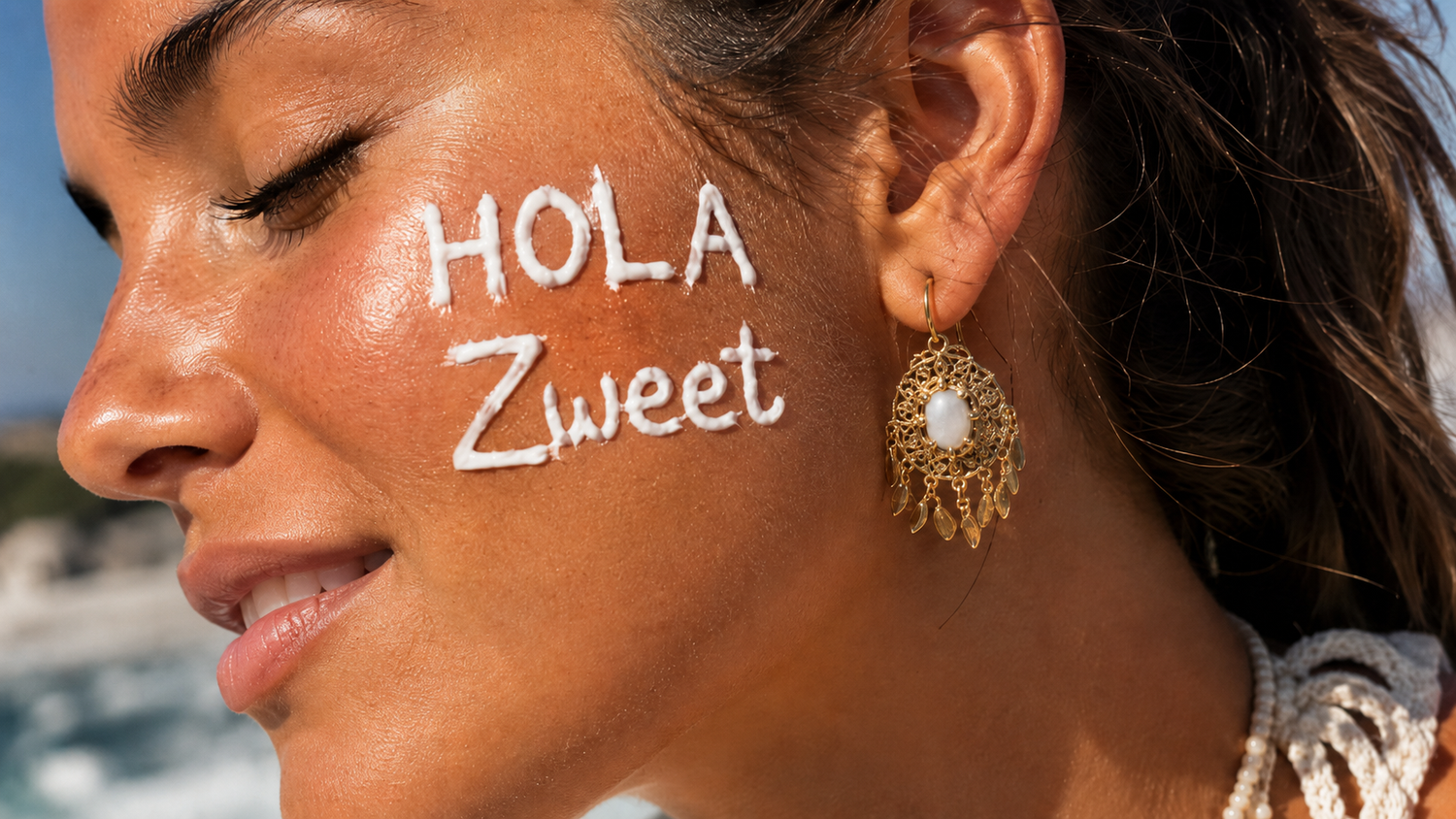 Rostro femenino con texto Hola Zweet Cosmetics en maquillaje creativo y campaña beauty de marca