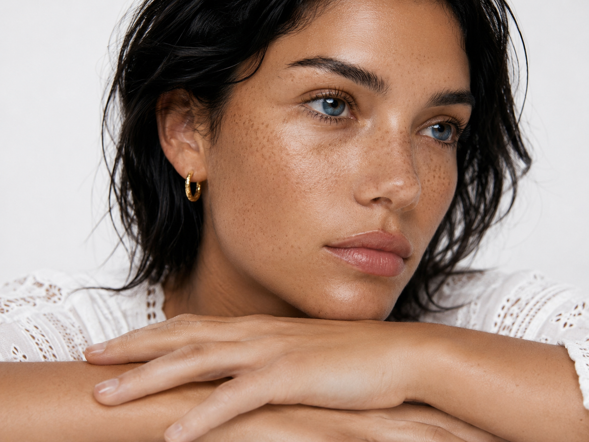 Retrato beauty de modelo Zweet Cosmetics apoyando el rostro con piel natural y luminosa
