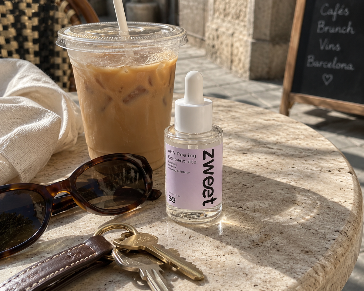 AHA Peeling de Zweet Cosmetics junto a café helado en terraza para imagen lifestyle de rutina facial