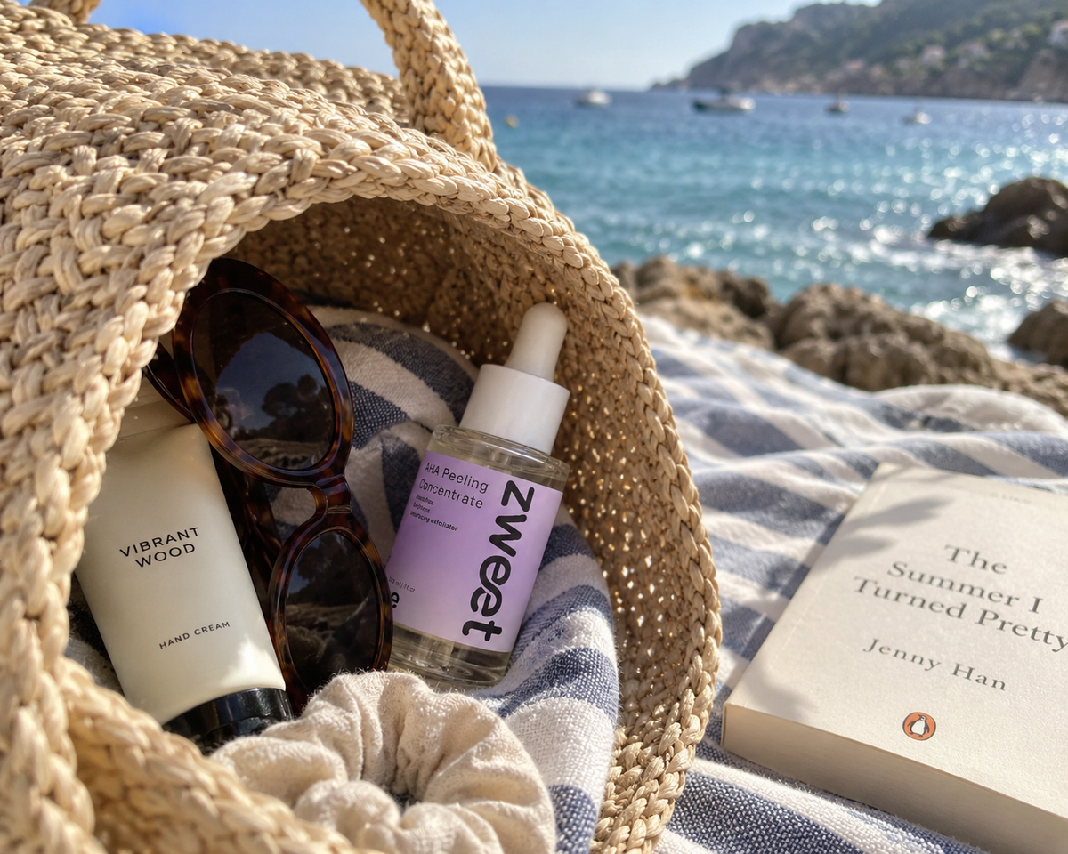 AHA Peeling de Zweet Cosmetics en bolso de playa junto al mar en imagen editorial de cosmética natural