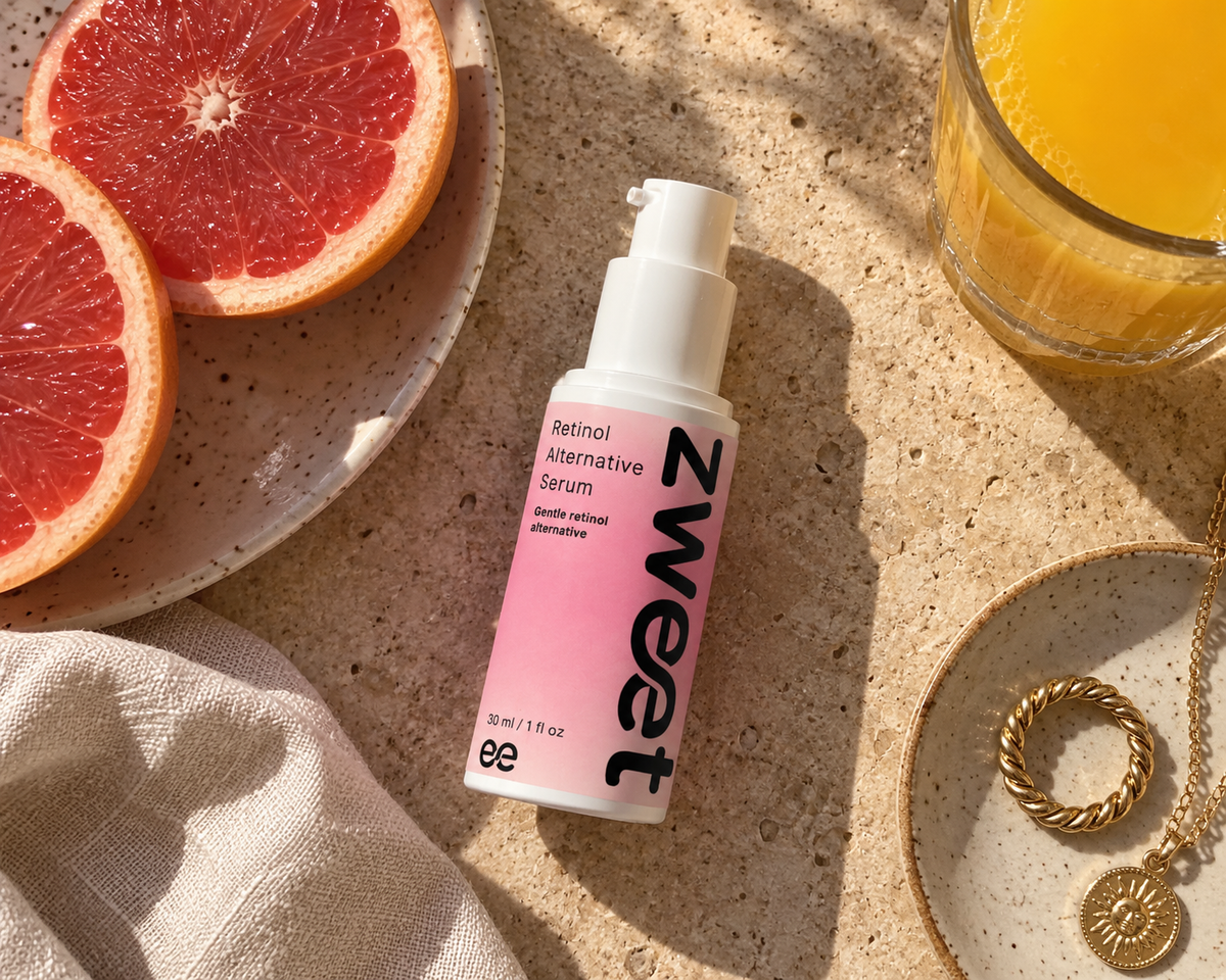 Retinol Alternative Serum de Zweet Cosmetics junto a cítricos en imagen fresca de cosmética natural y cuidado facial