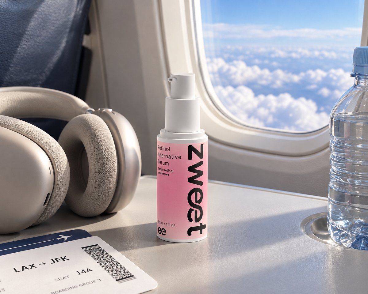 Retinol Alternative Serum de Zweet Cosmetics en ventanilla de avión en imagen lifestyle de viaje y skincare
