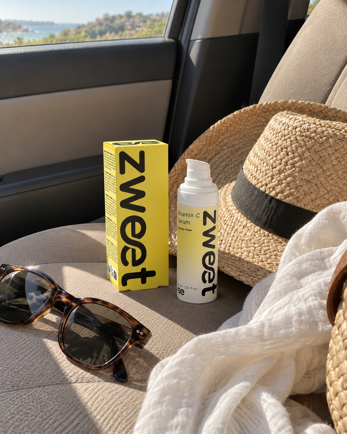 Vitamin C Serum de Zweet Cosmetics con packaging amarillo en escena lifestyle de viaje y verano
