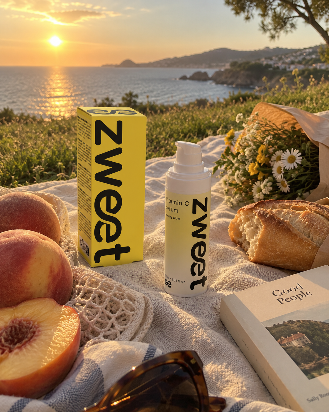 Productos Zweet Cosmetics de vitamina C con cítricos al atardecer en fotografía de cosmética natural mediterránea