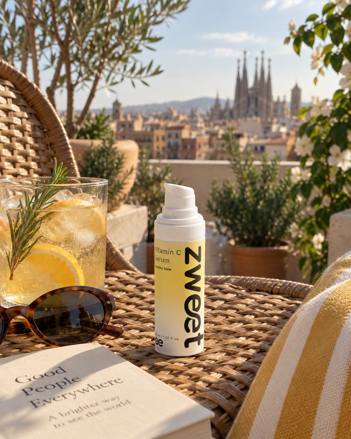 Producto Zweet Cosmetics en terraza exterior con vistas urbanas para fotografía lifestyle de skincare premium