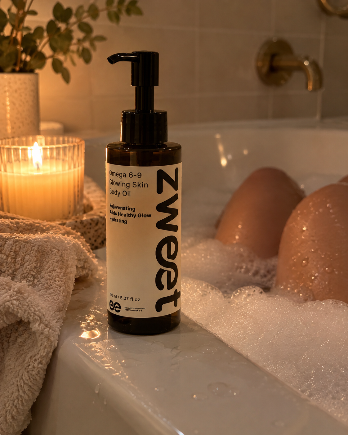 Omega 6-9 Glowing Skin Body Oil de Zweet Cosmetics junto a vela en baño relajante de estética premium
