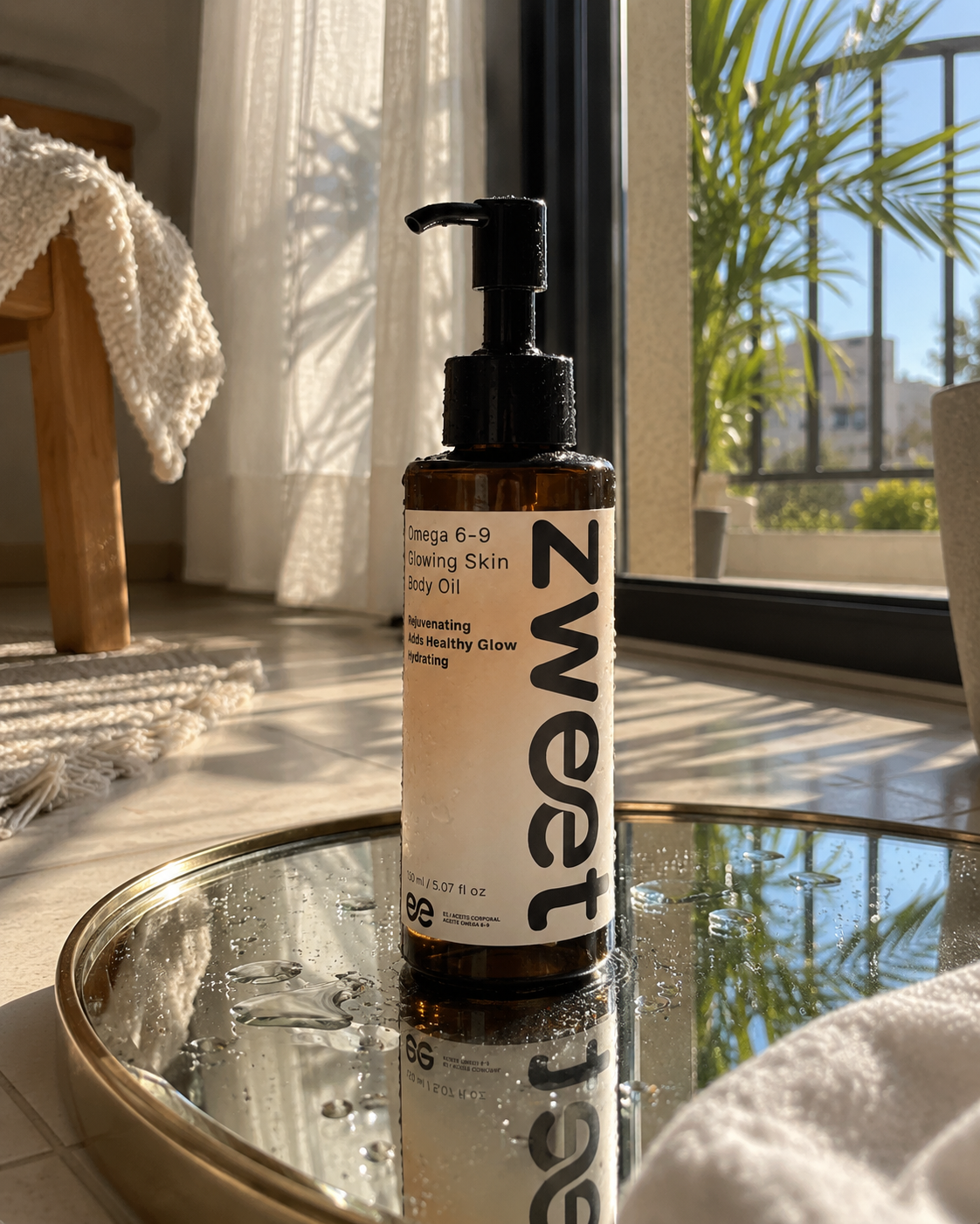 Omega 6-9 Glowing Skin Body Oil de Zweet Cosmetics sobre mesa elegante en interior luminoso de estilo premium