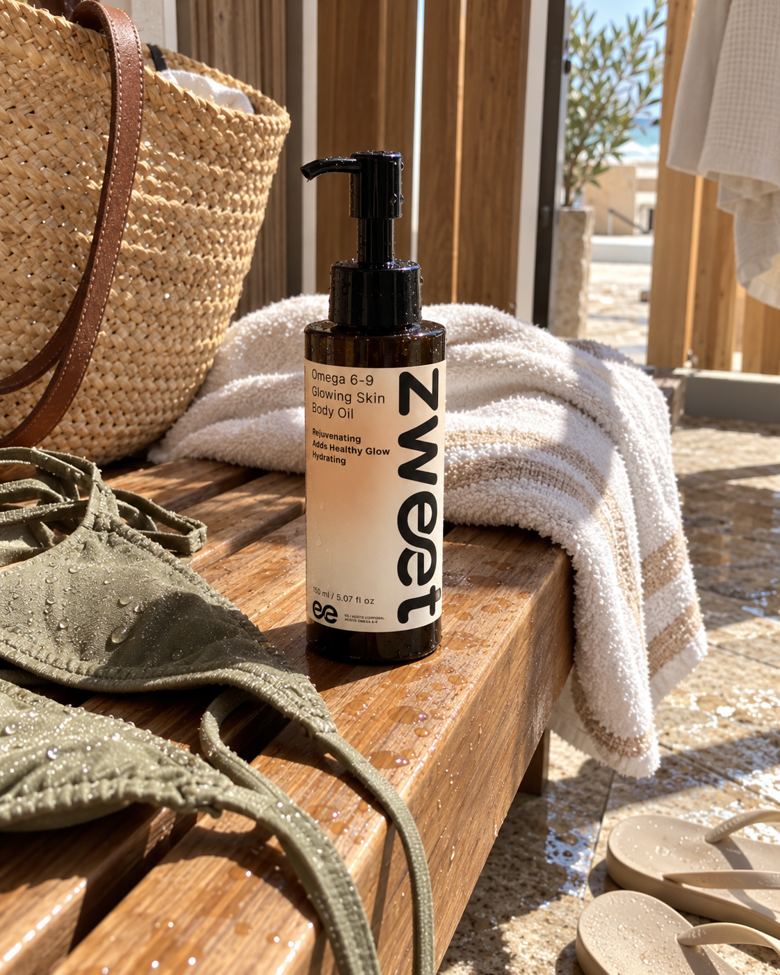 Omega 6-9 Glowing Skin Body Oil de Zweet Cosmetics en interior cálido con textiles para escena premium de cuidado corporal