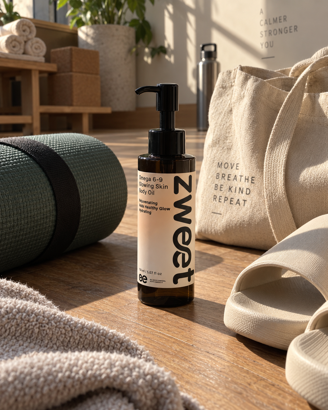 Omega 6-9 Glowing Skin Body Oil de Zweet Cosmetics en mesa interior con luz cálida y estética de cuidado corporal
