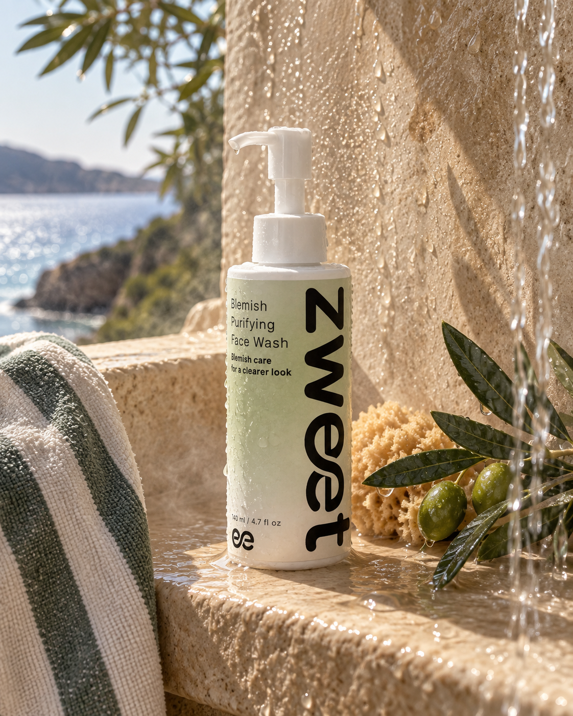 Acne Purifying Face Wash de Zweet Cosmetics en terraza luminosa con estética mediterránea y skincare natural
