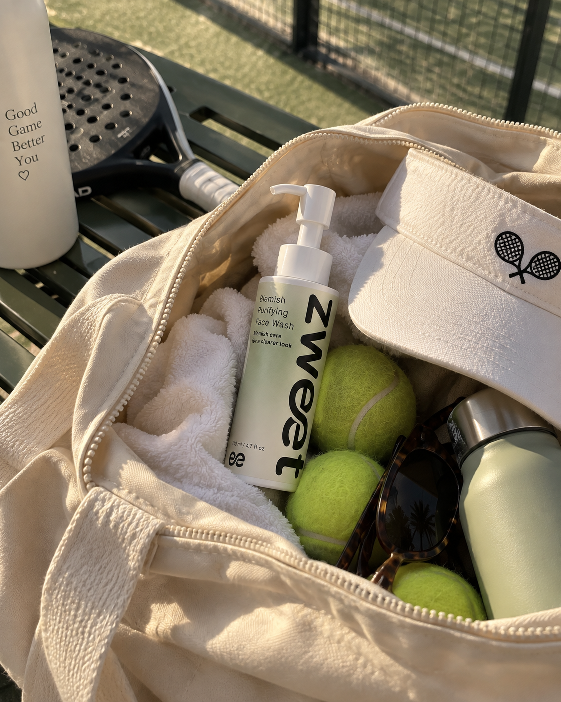 Producto Zweet Cosmetics en bolso de tela con pelotas de tennis verdes en fotografía lifestyle de cosmética natural
