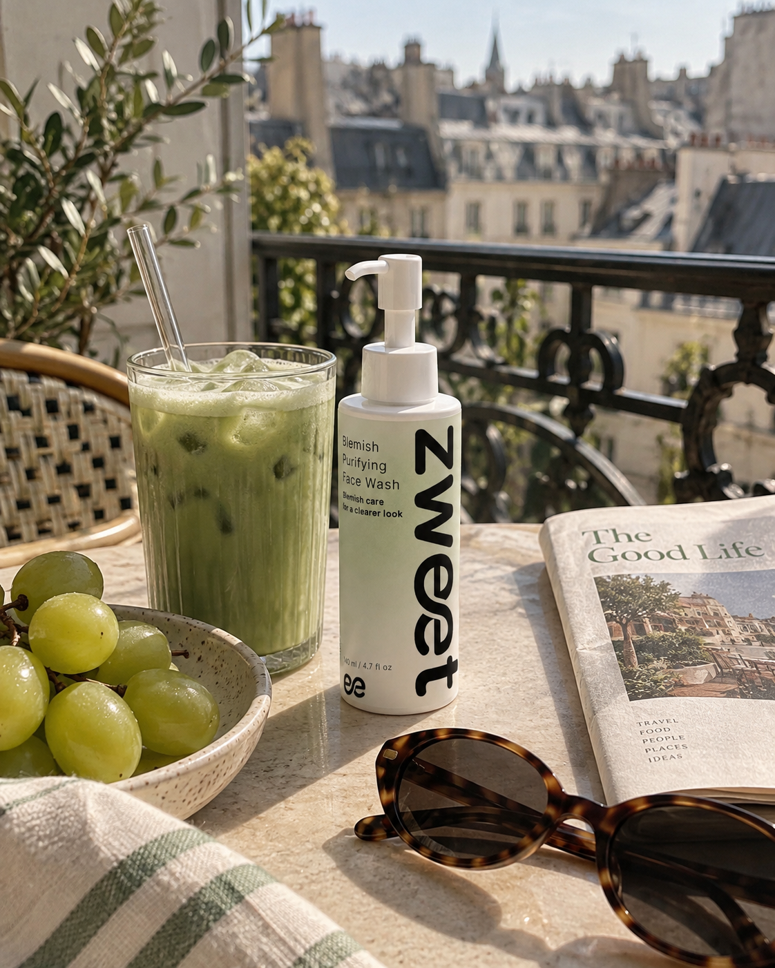 Acne Purifying Face Wash de Zweet Cosmetics en balcón urbano con luz natural para imagen lifestyle de skincare