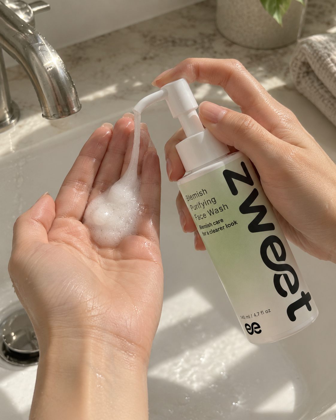 Acne Purifying Face Wash de Zweet Cosmetics en uso, aplicando producto en las manos durante la rutina facial
