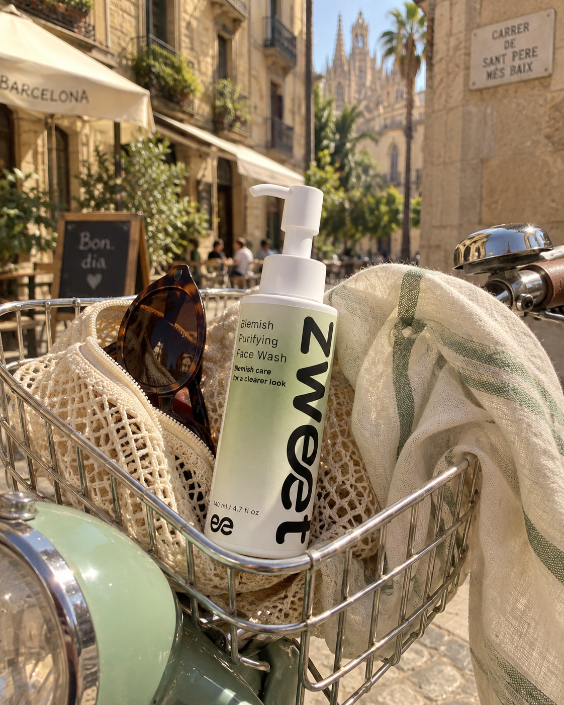 Bolso Zweet Cosmetics en un entorno mediterráneo con ambiente urbano y estética lifestyle de marca natural