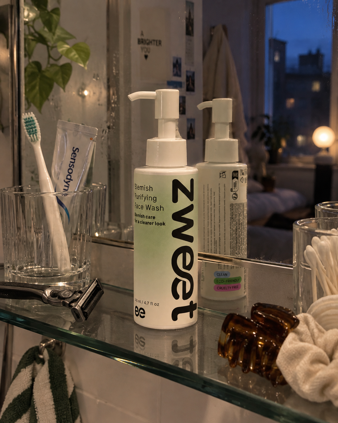 Vitamin C Serum de Zweet Cosmetics junto a ventana nocturna en una escena premium de belleza y luminosidad
