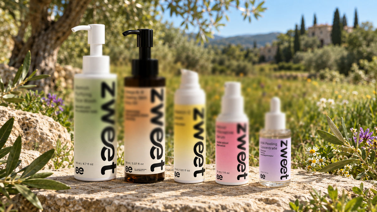 Productos Zweet Cosmetics de skincare natural en paisaje verde y floral con estética mediterránea y orgánica