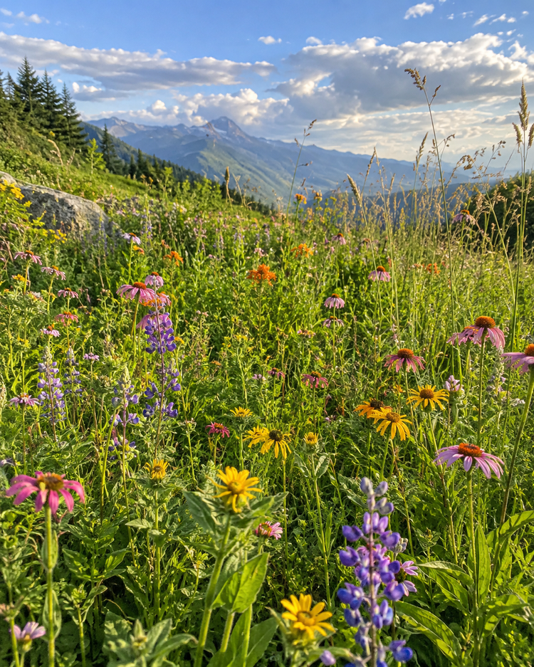 Campo de flores silvestres y paisaje natural de Zweet Cosmetics para fondo orgánico de cosmética natural
