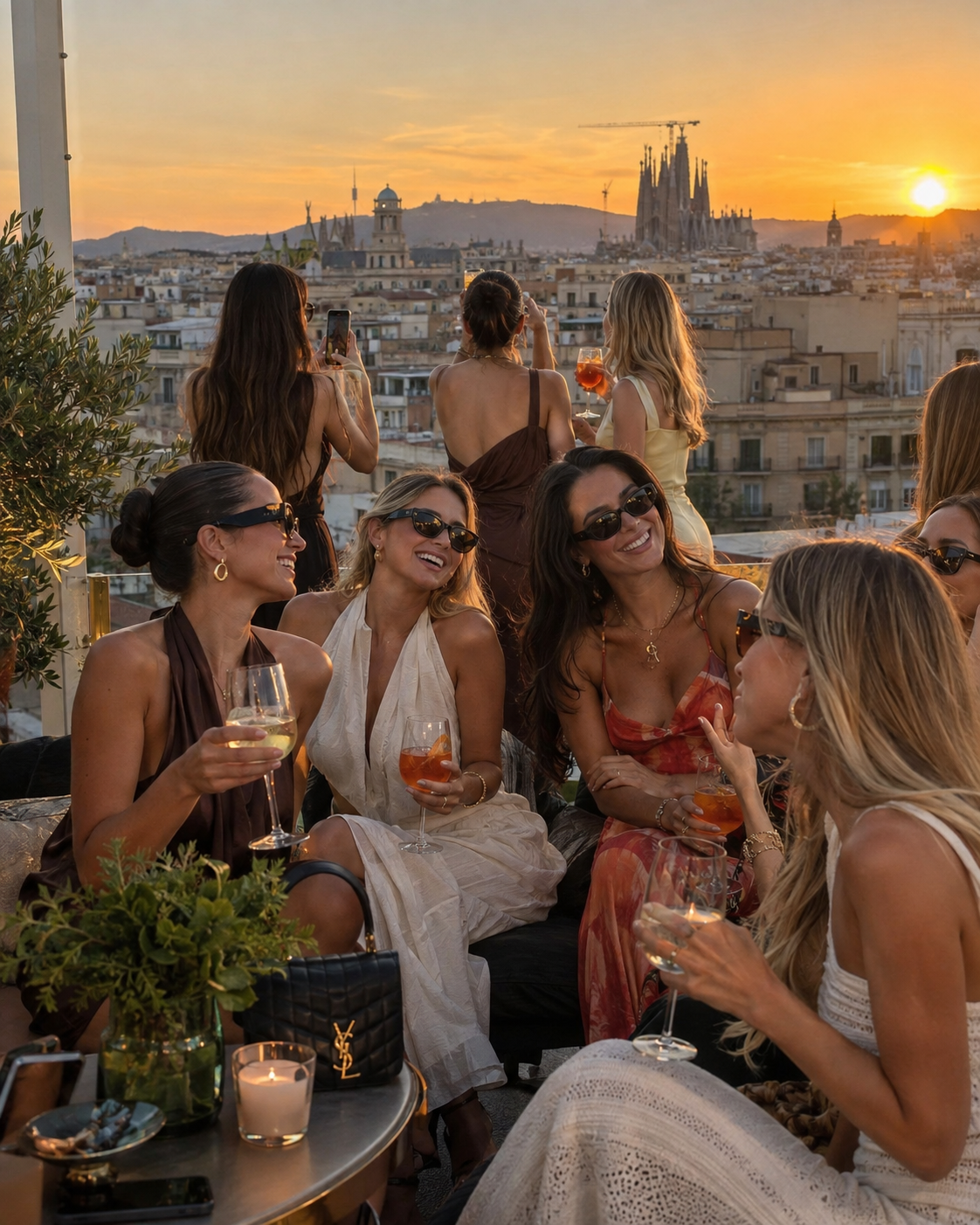 Grupo de amigas en rooftop al atardecer en imagen lifestyle de Zweet Cosmetics Club y comunidad
