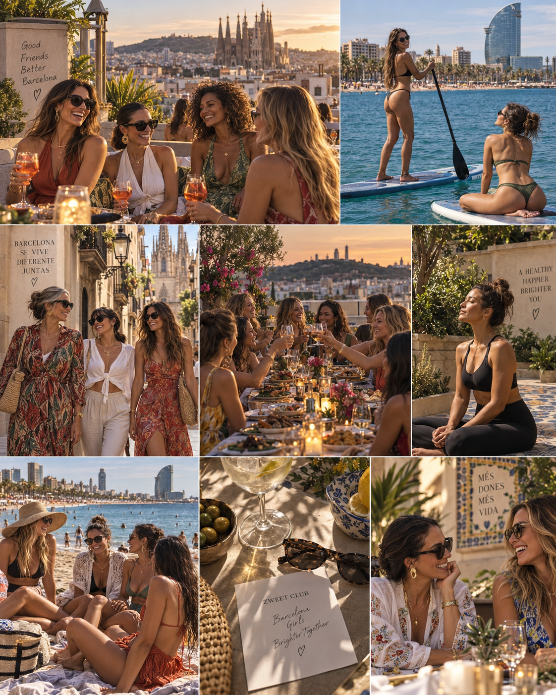 Collage de Zweet Cosmetics Club con momentos sociales y experiencias premium de comunidad y verano
