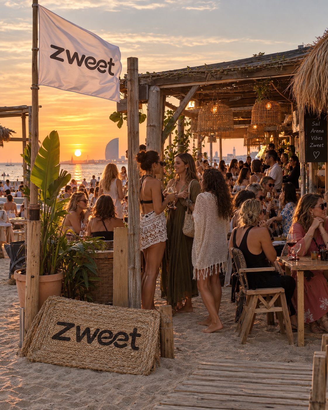 Evento Zweet Cosmetics Club en chiringuito mediterráneo al atardecer con ambiente lifestyle premium
